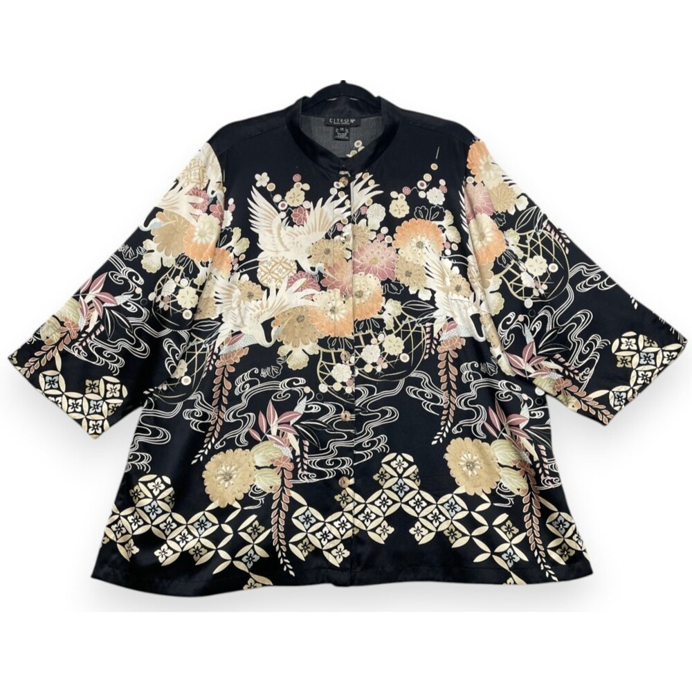 Citron Santa Monica Crane Shirt Womens 1X Black Floral Silk Top Asian Beaded